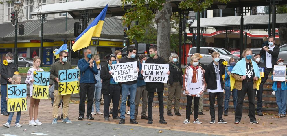 Protesters show support for Ukraine in Dunedin’s Octagon on Saturday as the war with Russia...