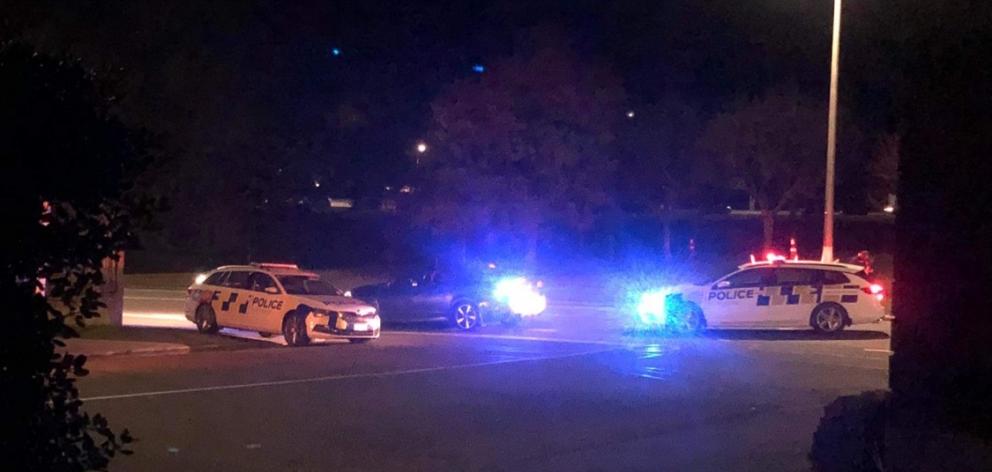 Police at the intersection of Wansbeck and Wye Sts in Oamaru on Saturday night. Photo: Rebecca Ryan