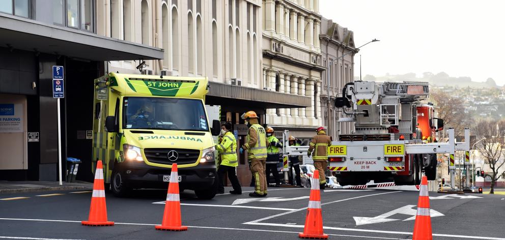 Emergency services at an incident in Central Dunedin today. Photo: Peter McIntosh