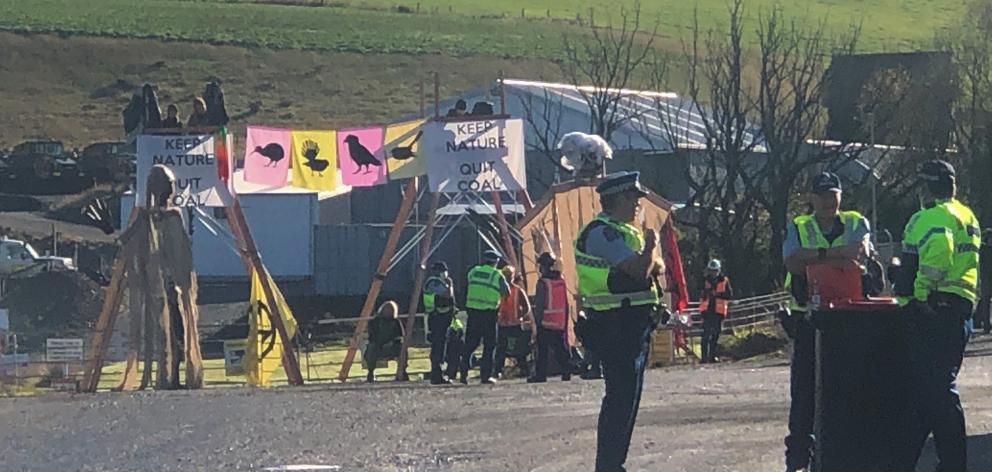 Police at the scene of the protest at the coal mine near Nightcaps. Photo: Luisa Girao