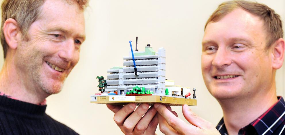 Physicists Dr Tim Molteno (left) and Prof Blair Blakie admire a Lego model of the University of...