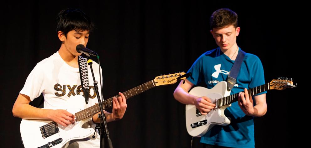 Young local musicians Lochie Ing-Aram and Dan O’Brien perform during last week’s open mic session...