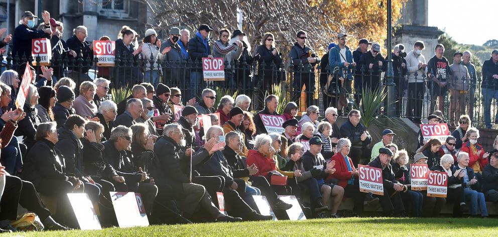 Protesters wanting to stop Three Waters reform gather in the Octagon, Dunedin, yesterday. PHOTOS:...