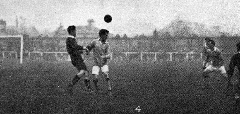 Action during the Australia v Otago association football match. — Otago Witness, 20.6.1922 