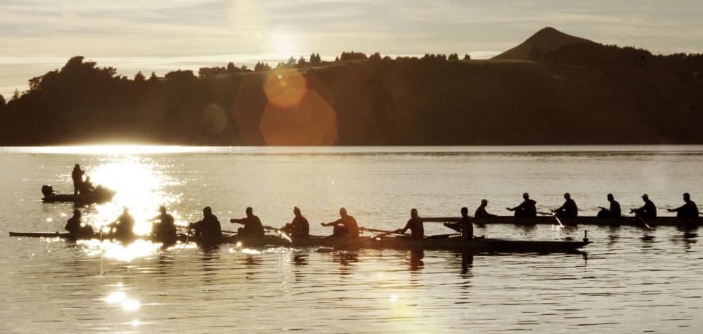 Rowers competing in the University of Otago’s 150th anniversary regatta line up for the men’s...