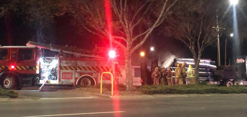 Fire crews at the scene of a truck fire in Oamaru this evening. Photo: Kayla Hodge