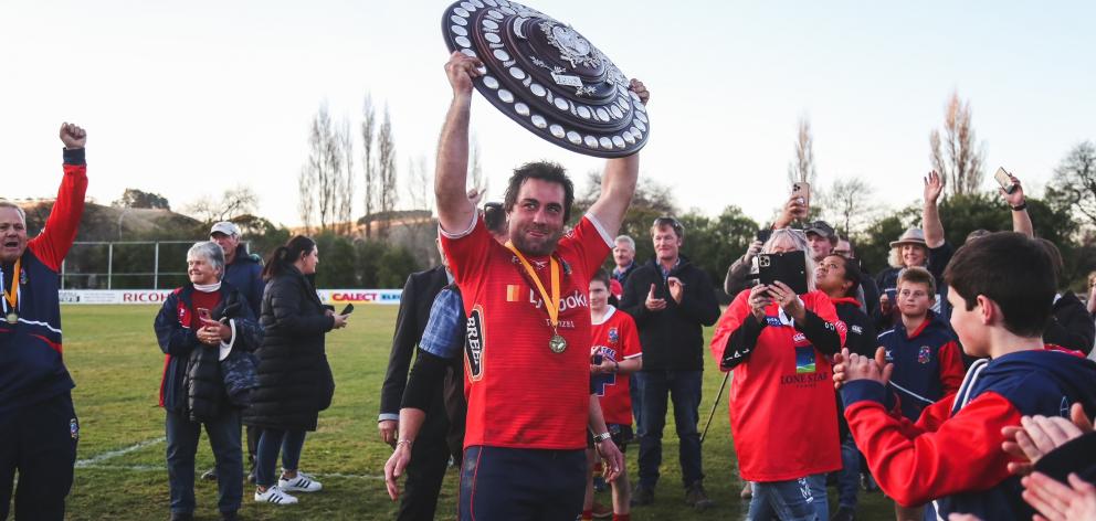 Kurow players and coaches celebrate winning consecutive Citizens Shield finals in Oamaru on...