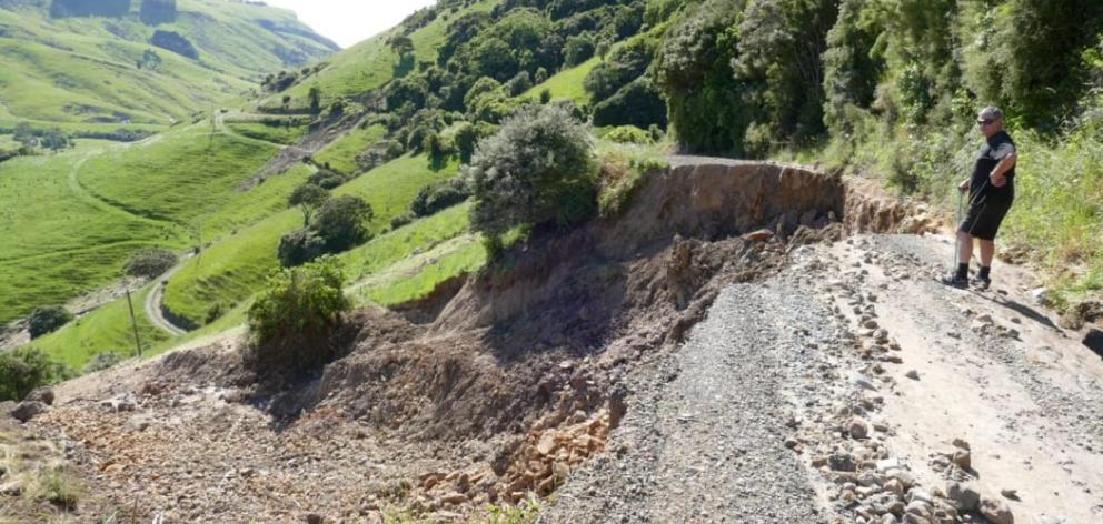 A dropout on Goughs Rd due to storm damage on Banks Peninsula. Photo: Marie Haley