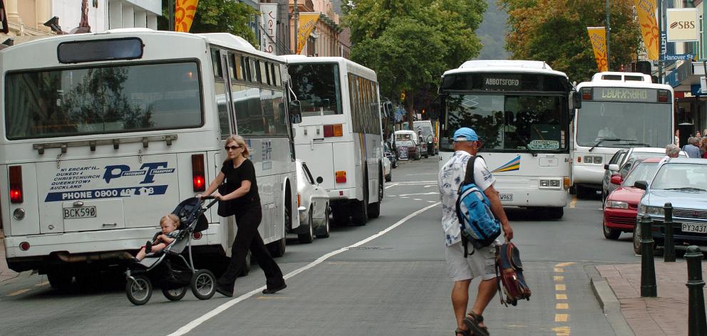 Buses in George St, Dunedin in 2006, when this article was written. ODT file photo.
