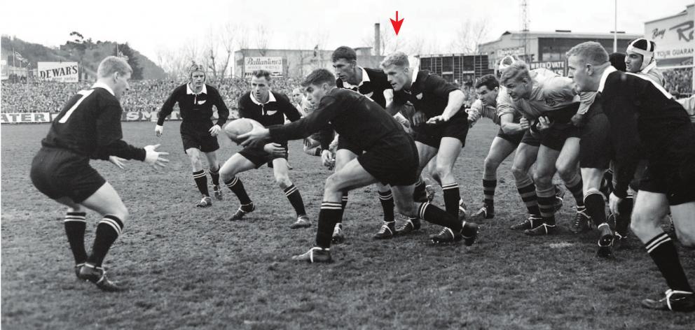 Stan Meads (arrowed) supports his brother Colin (with the ball) during the All Blacks’ test...