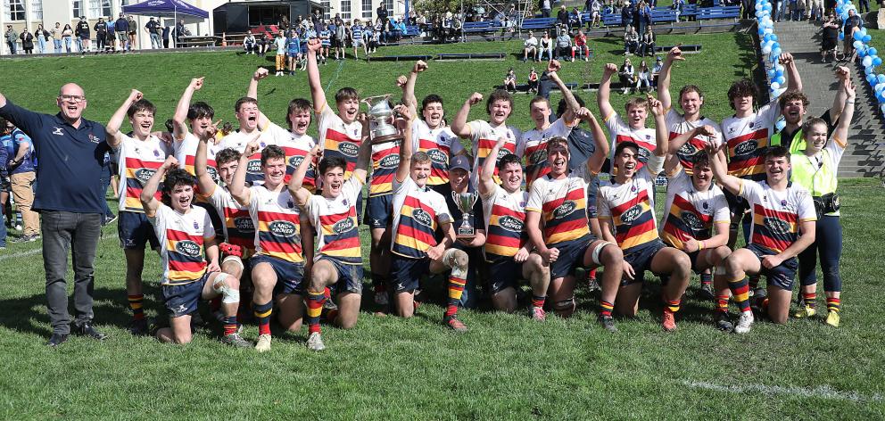 The John McGlashan College First XV celebrates victory in the South Island final in Nelson on...