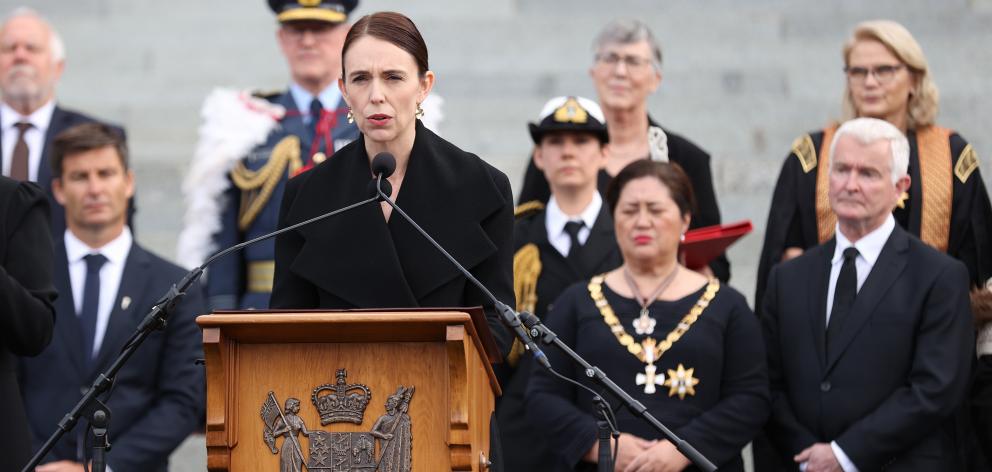 Prime Minister Jacinda Ardern speaks on the steps of Parliament during the earlier proclamation...