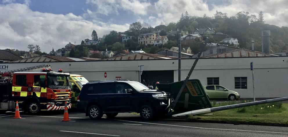 The crash took out a signpost in Great King St. PHOTO: GERARD O'BRIEN