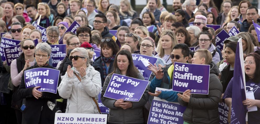 Striking nurses listen to speeches during a rally in the Octagon in June last year. PHOTO: ODT FILES