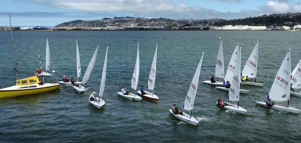 Lasers in the South Island championships make a start on Otago Harbour on Sunday. PHOTO: STEPHEN...