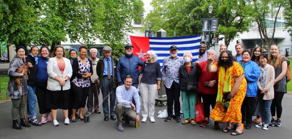 West Papua Support Dunedin members raise the West Papuan flag at the Museum Reserve last week.