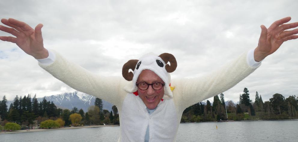 Former Queenstown Lakes mayor Jim Boult prepares for a skydive dressed as a sheep. PHOTO: TRACEY...