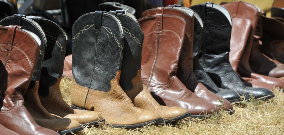 Cowboy boots lined up at the rodeo.