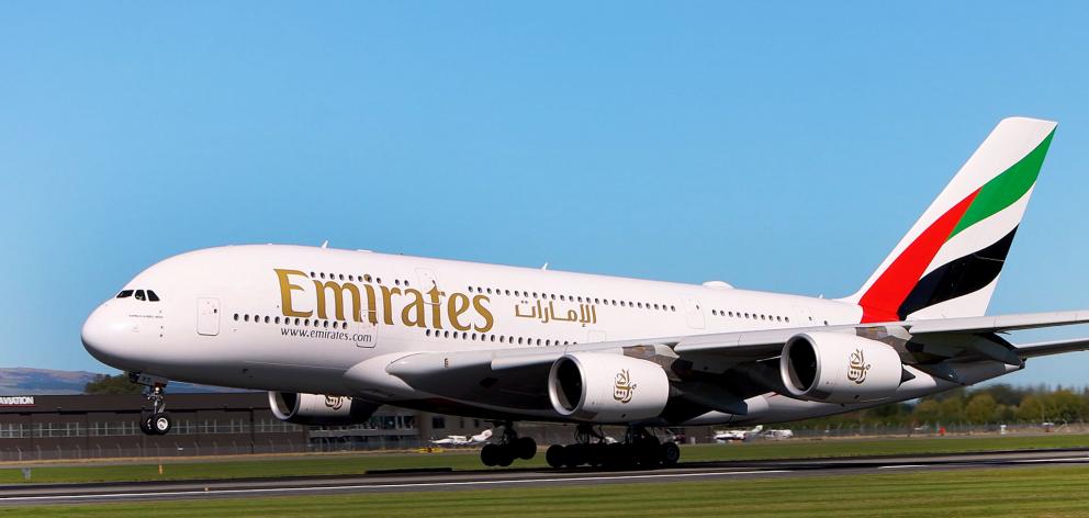 The Emirates Airbus A380 touches down at Christchurch Airport. Photo: Geoff Sloan