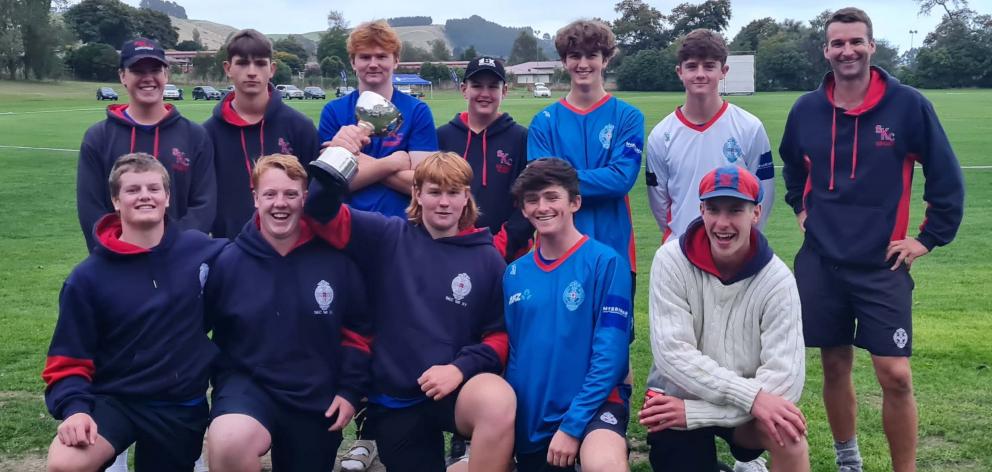 St Kevin’s College cricketers celebrating victory in the Borton Cup final in Oamaru on Saturday...