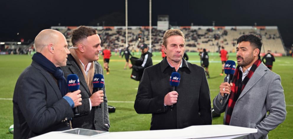 Sky commentators, from left, Jeff Wilson, Israel Dagg and Justin Marshall with Crusaders player...