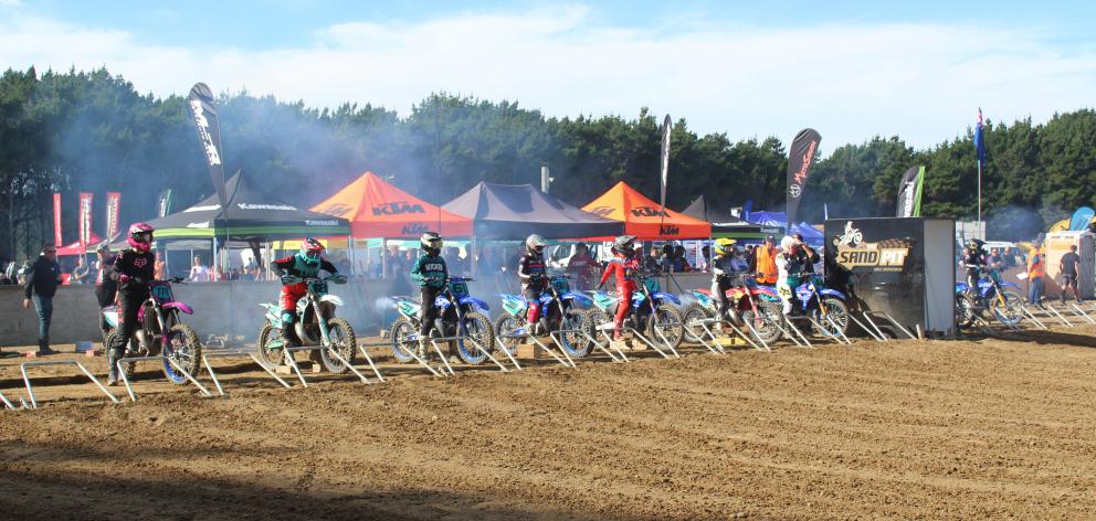 Riders get ready on the start line at the 2023 MotoSouth NZ Junior Motocross Nationals at the...