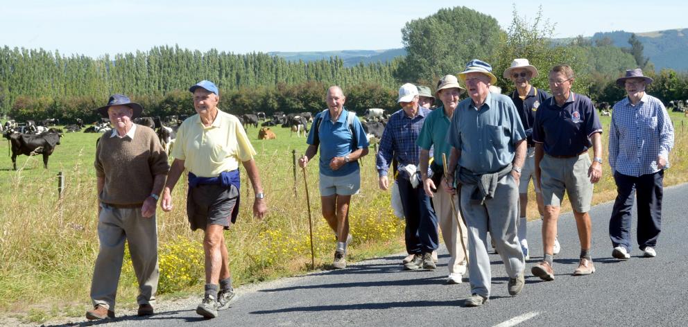 Members of the Mosgiel mens probus walking group stride along Gladfield road in 2014. Photo: ODT.