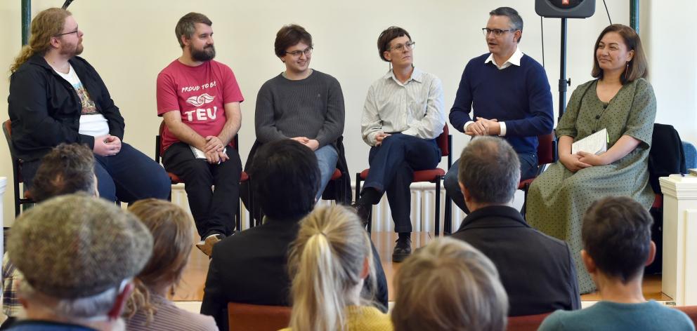 Protect Otago Action Group (POAG) member Tyler West (left) leads a discussion panel of (from left...