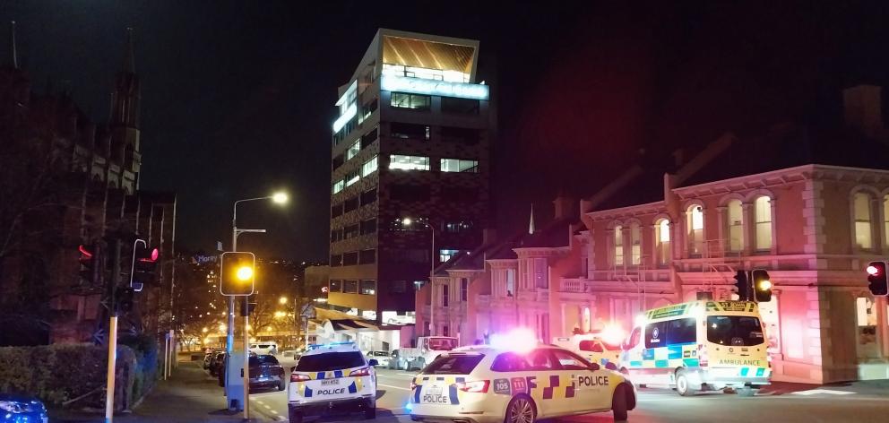 Police blocked off part of upper Stuart St tonight. PHOTO: HAMISH MACLEAN