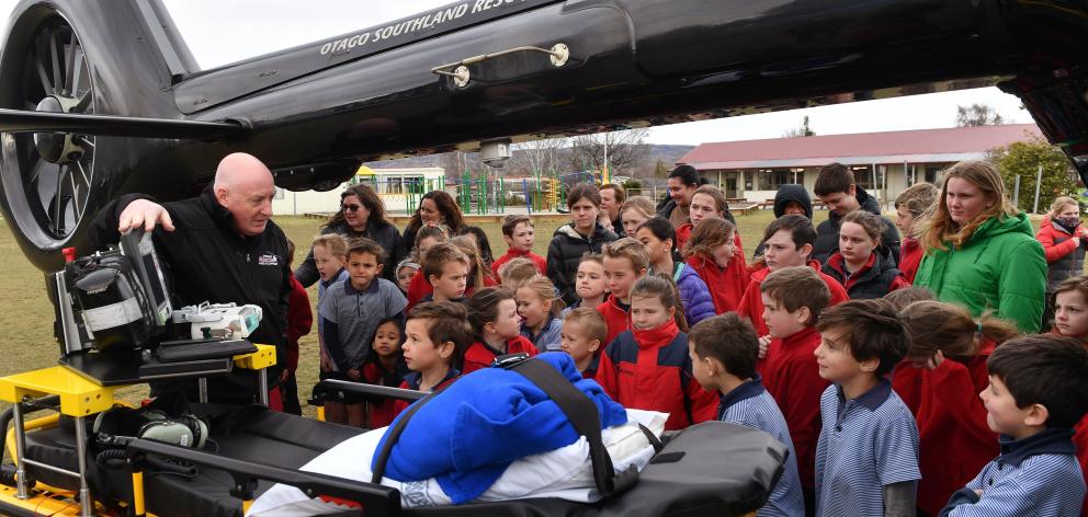 Otago Southland Rescue Helicopter Trust paramedic team leader Shayne Henry shows Omakau School...