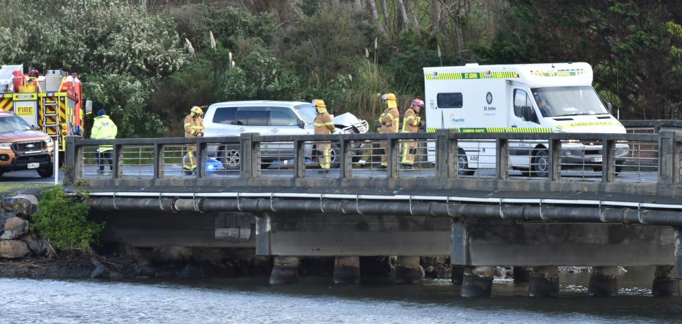 Emergency services attend an accident on the Brighton Rd bridge over the Kaikorai Stream Estuary...