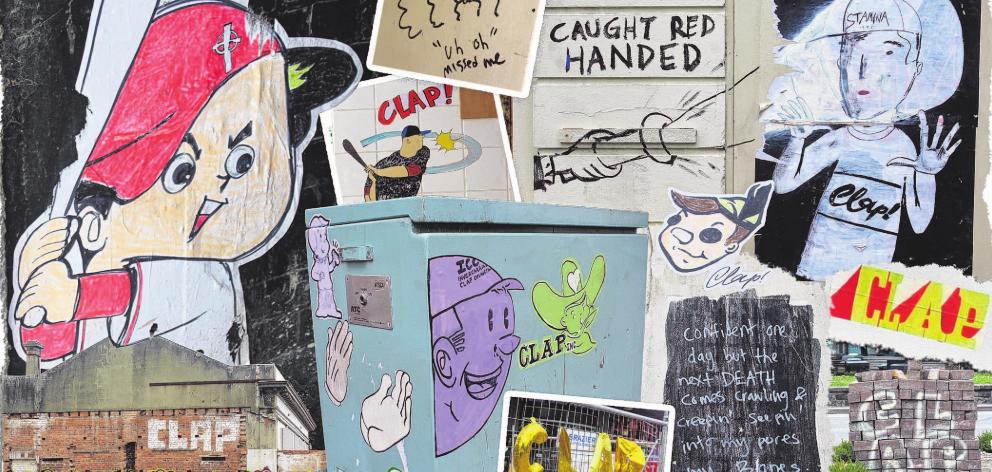 Graffiti ranging in complexity featuring the sign-off "Clap" in Invercargill. PHOTOS: BEN TOMSETT...