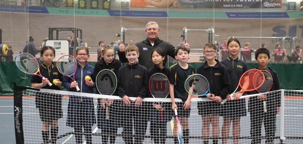 NZ Davis Cup captain Kelly Evernden coached a group of Waihopai School’s pupils during an...