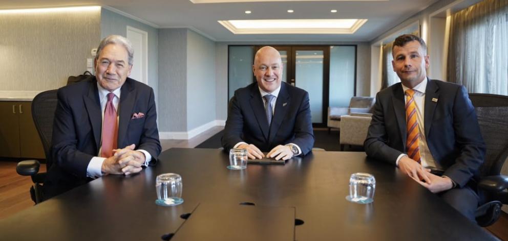 NZ First leader Winston Peters (left), National's Christopher Luxon and David Seymour of the Act...