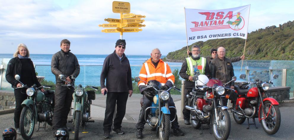 BSA Bantam motorcyclists (from left) Tracy, 58, and Joe Eagles, 62, Paul Gilchrist, 79, Mike...