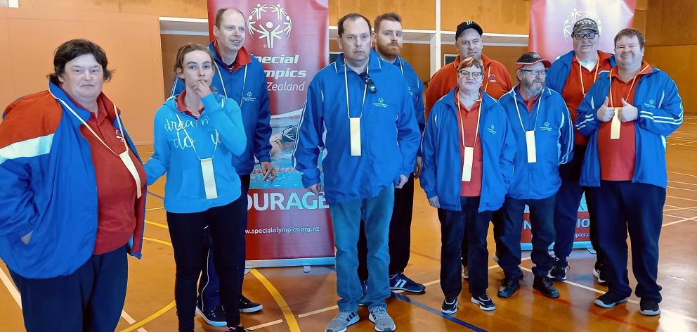 Special Olympics South Otago athletes, from left, Anna Frathey, Chantalle Fegan, Bobby King,...