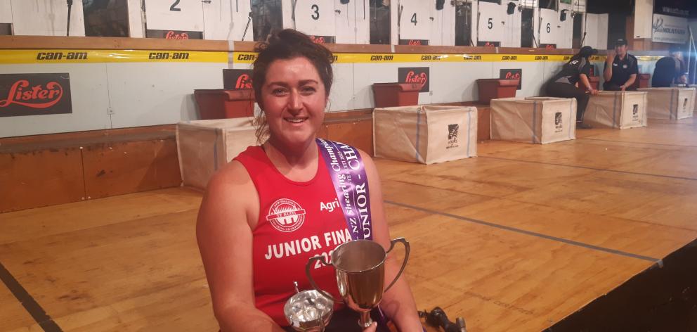 Gore shearer Emma Martin celebrates becoming the third woman to win a New Zealand Shears title...