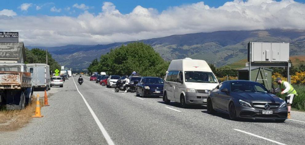 The backlog of traffic at Tarras yesterday morning after a crash blocked the Lindis Pass. PHOTO:...