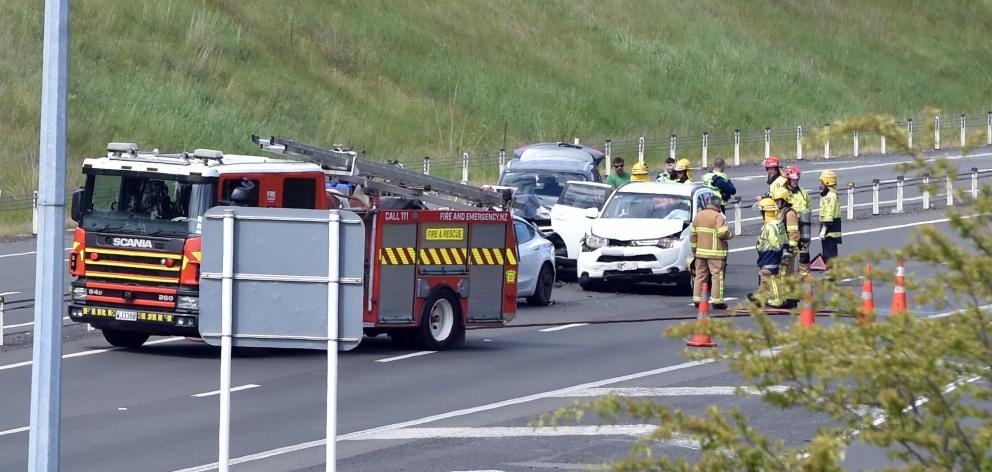 A three-car collision closed Dunedin’s Southern Motorway on Monday afternoon. PHOTO: PETER MCINTOSH