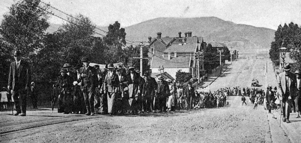 High Street School, Dunedin, celebrates its diamond jubilee: a procession up High St to the...