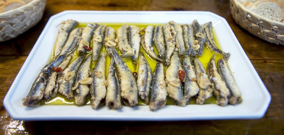 Anchovies with bread are a popular pinchos.