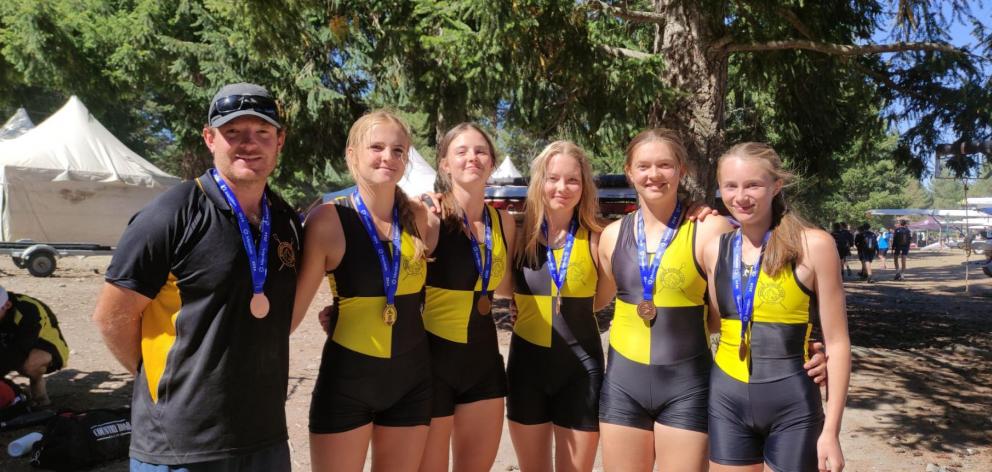Mt Aspiring College girls’ U-18 coxed quad sculls bronze medal winners. From left: Matt Rickard ...