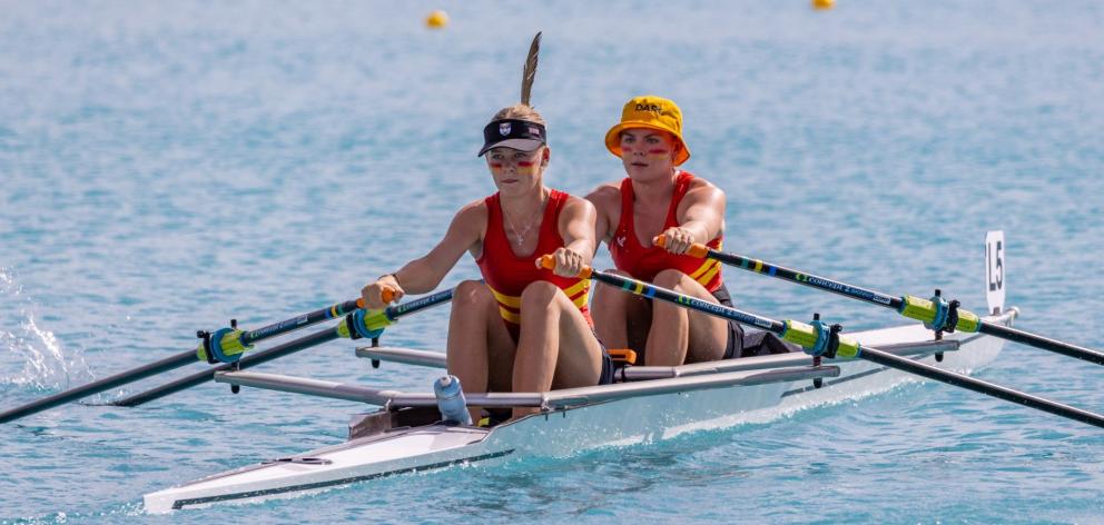Dunstan High School rowers Bella Breen (left) 13, and Ruby Smith, 15, compete in the U-16 double,...