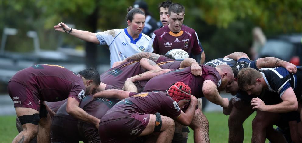 Alhambra Union in a scrum with Kaikorai at North Ground. PHOTO: ODT FILES