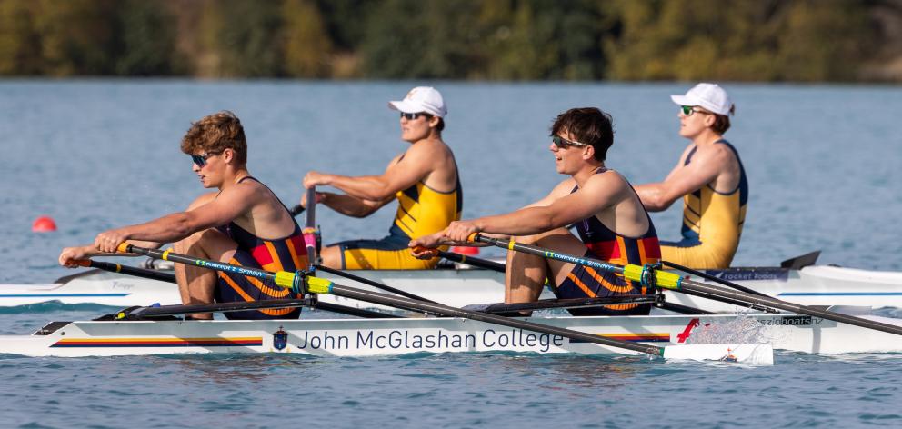 John McGlashan and Wakatipu face off to qualify for the under 18 A double sculls. PHOTO: SHARRON...