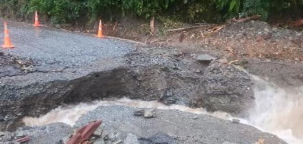 Floodwaters cut across State Highway 6 at Smithy’s Creek south of Franz Josef yesterday. SH6 was...
