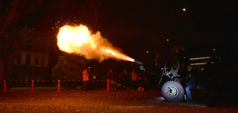 The gun salute during the Anzac dawn service at the Dunedin Cenotaph in  Queens Gardens yesterday...