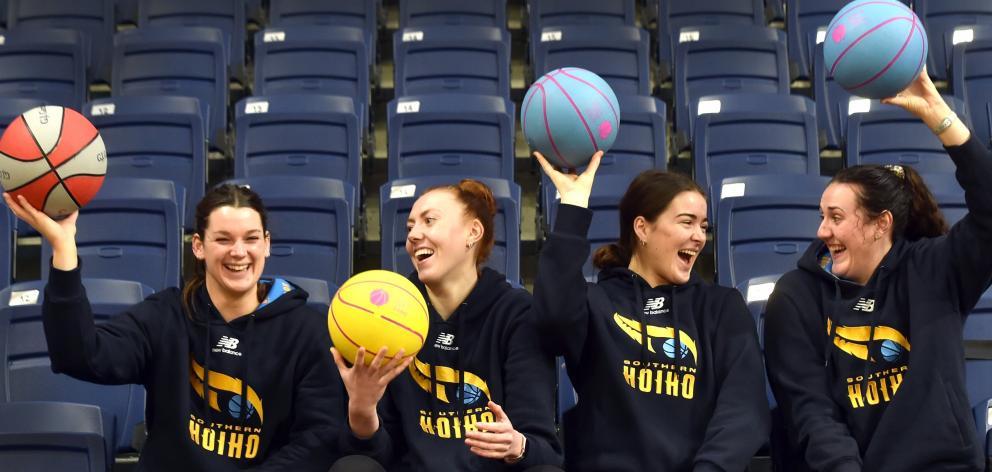 Otago Womens Basketball players from left Sophie Adams, Ashton Prechtel, Abby Harris and Jennifer...