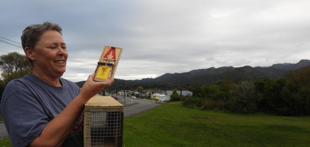 Kate Kennedy with one of the new traps and boxes which will allow the Runanga Village People...