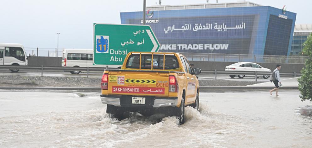 Vehicles on the flooded streets of Dubai on April 16. Photo: Getty Images